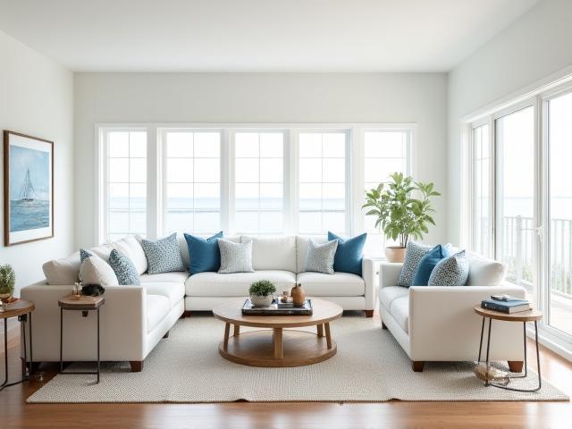 After image of Bayside Retreat living room, brightened with fresh coastal style